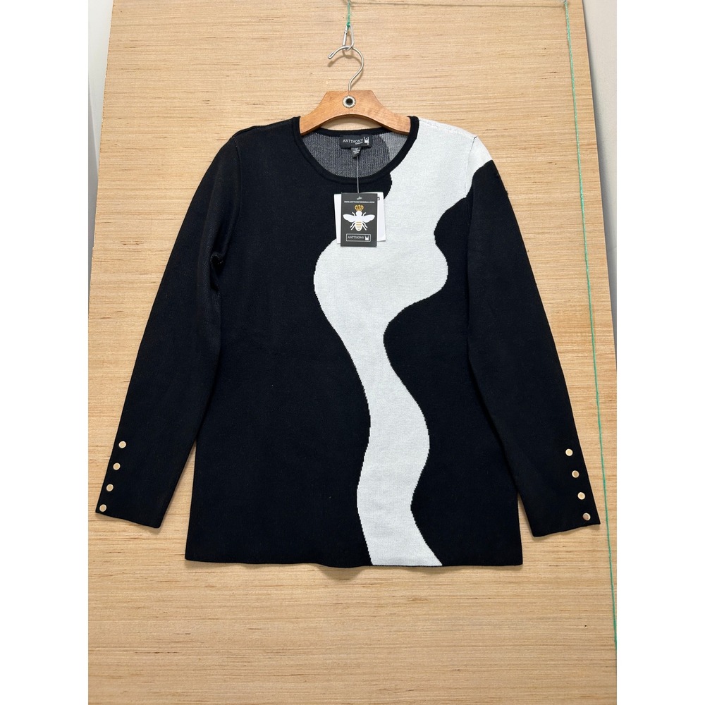 Antthony Original Womens Black White Colorblock Wavy Knit‎ Sweater Gold Button M